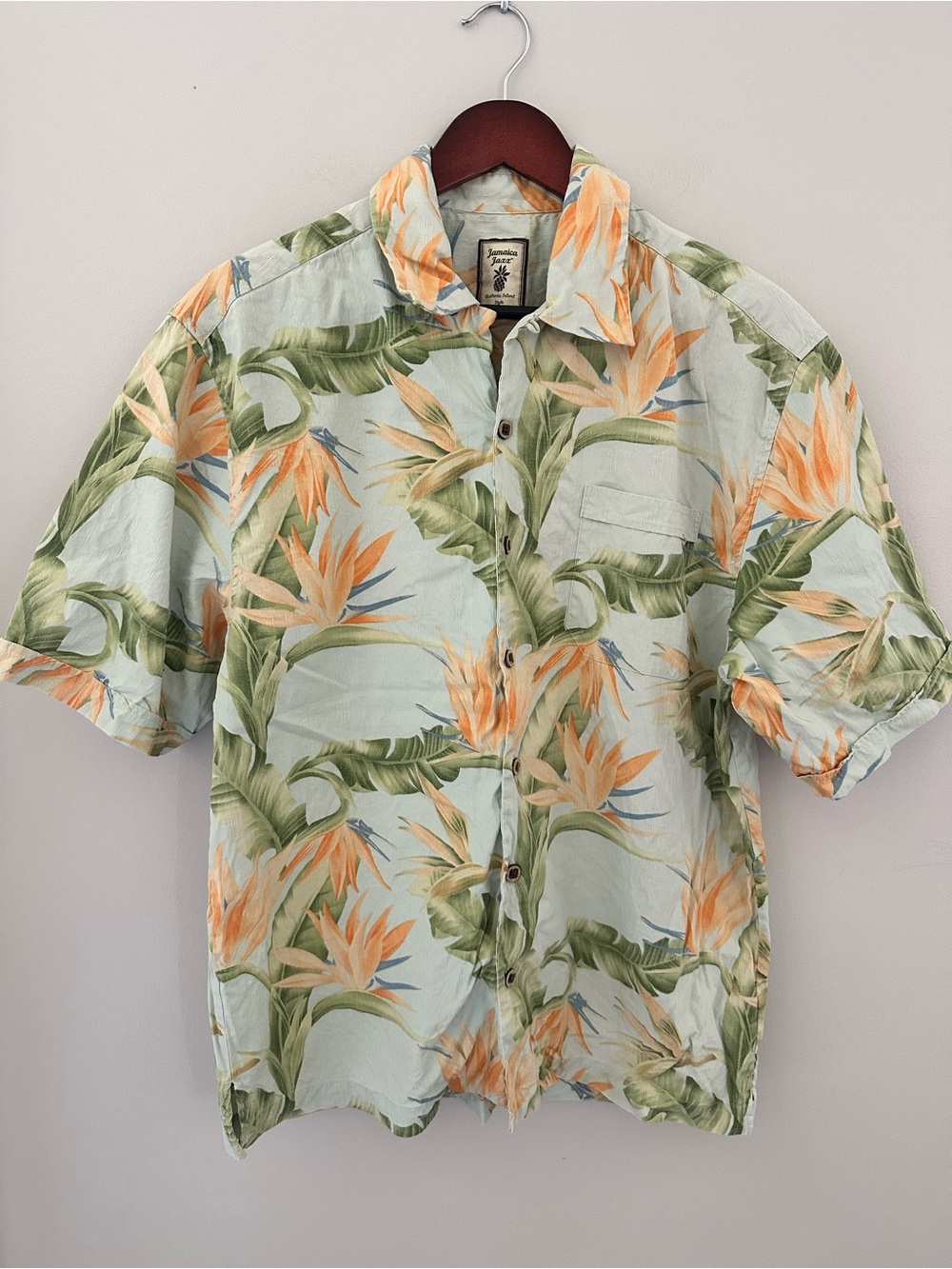 Jamaica Jaxx 100% Silk Tropical Hawaiian Blue Green Floral Button-Down Shirt